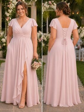 Azazie Light Pink V-Neck Cap Sleeve Maxi Gown Large 12/14